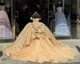 Luxury Champagne Ball Gown Off-Shoulder Sequined Beaded Tiered Tulle Dress for Quinceanera Sweet 16 & Evening Galas